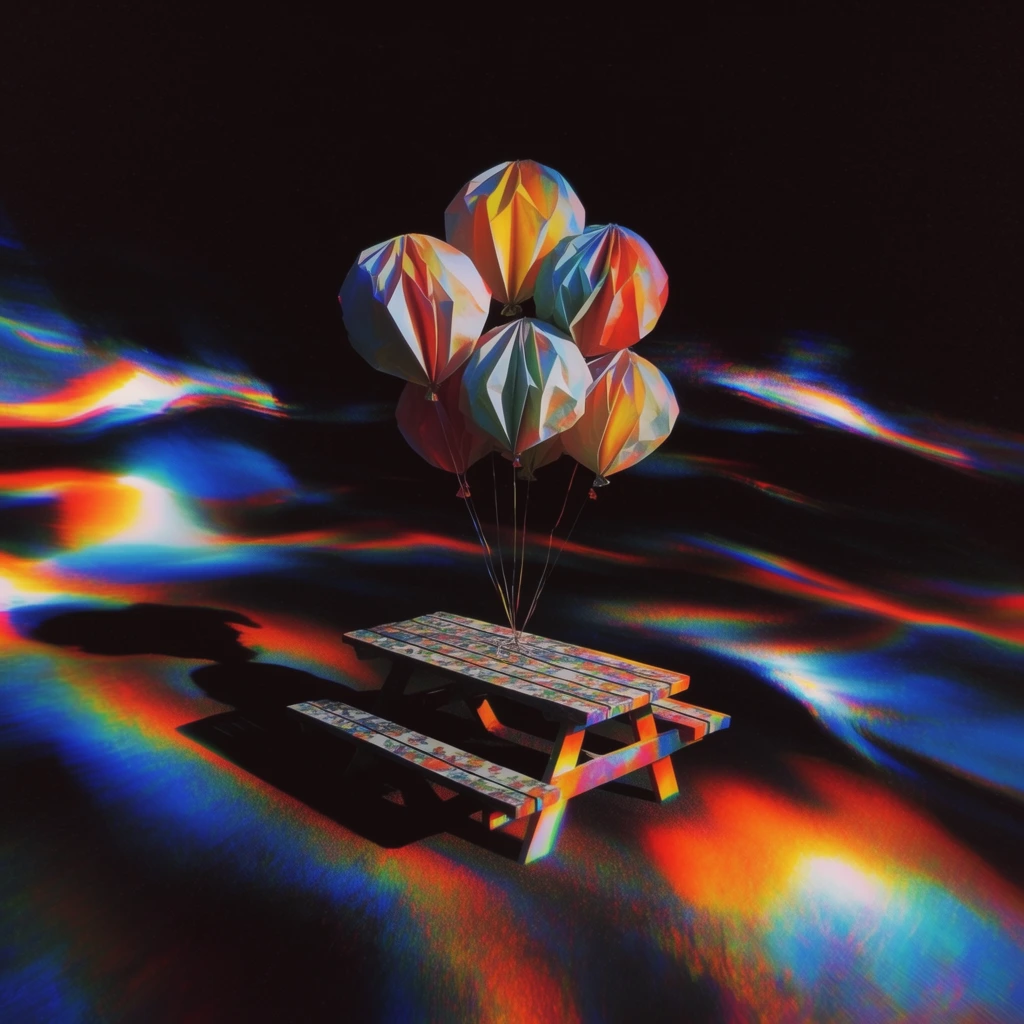 A central cluster of six folded paper balloons is tethered by thin strings to a patterned picnic table positioned directly beneath them. The balloons and the patterned surface sit isolated within an expansive, pitch-black void. Intense, fluid waves of spectral chromatic aberration sweep horizontally across the dark environment, forming a distorted, luminescent river of electric blue, fiery orange, vibrant yellow, and bright red light. Heavy glitch art effects, prismatic color separation, and glowing light dispersion wash over the scene, contrasting sharply with the deep black negative space. The balloons cast a distinct, elongated dark shadow to the side across the table surface. The composition is captured from a slightly elevated angle with a sharp central focus on the textured paper folds, enhanced by fine digital grain, high-contrast neon lighting, and a surreal, digital glitch aesthetic.