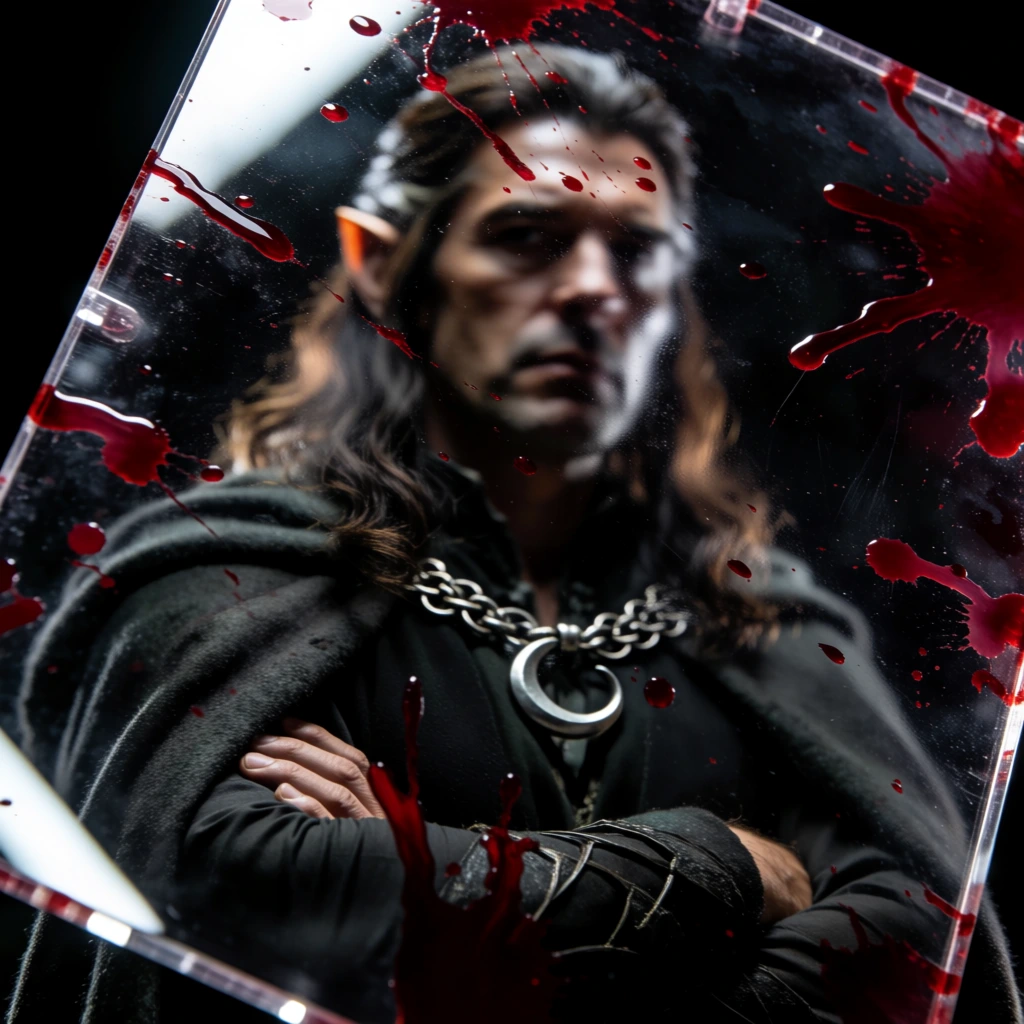 macro photography, man with pointed ears and wavy hair seen through a thick clear polycarbonate plate, wearing a heavy cloak and silver chain necklace, arms crossed, high-contrast studio lighting, sharp specular highlights on transparent edges, deep obsidian shadows, visceral pools of saturated crimson liquid splattered on the surface, refractive distortion, microscopic dust and fine scratches, sterile industrial aesthetic, silver and black palette, forensic detail