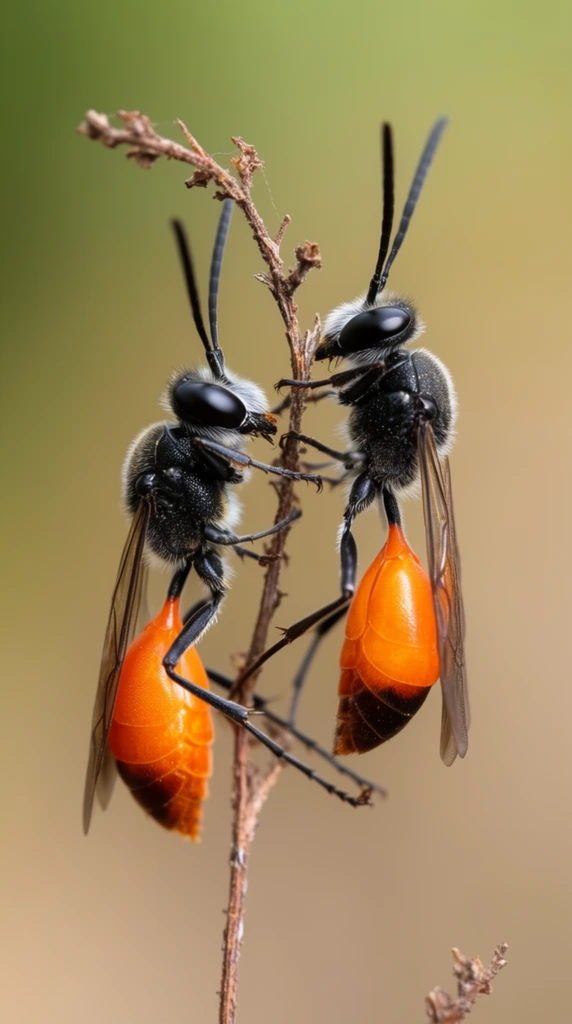 Two slender wasps with striking neon-orange teardrop abdomens and black bodies cling to a delicate, dried brown twig. Fine whitish fuzz covers their thoraxes, complementing large obsidian compound eyes, long antennae, and translucent folded wings. Spindly black legs grip the brittle stem. Captured in extreme macro photography, the insects are rendered with razor-sharp detail against a smooth, heavily blurred background gradient of soft olive green and warm beige. Diffuse natural lighting highlights their vibrant anatomical textures.