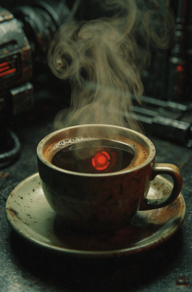 cinematic still, retro-futuristic dystopian aesthetic, heavy analog film grain, muted olive green and deep charcoal palette, low-key moody lighting, ceramic cup and saucer filled with black coffee, thick swirling steam rising, glowing circular red reflection in the dark liquid mimicking a robotic eye, dark gritty industrial setting, 1970s sci-fi cinema style, high contrast with dramatic shadows, soft focus background of metallic textures, urban noir vibe, 35mm film stock.