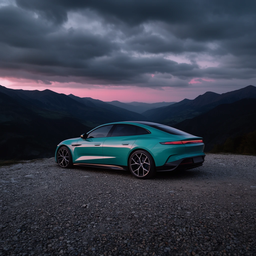 A glossy teal sports sedan sits on a gravel overlook before a dark mountain valley under a twilight sky. The aerodynamic car, viewed from a rear angle, features large alloy wheels and a continuous red taillight. Soft pink horizon light reflects across its smooth body, contrasting with the rugged landscape and heavy grey clouds in this cinematic wide shot.