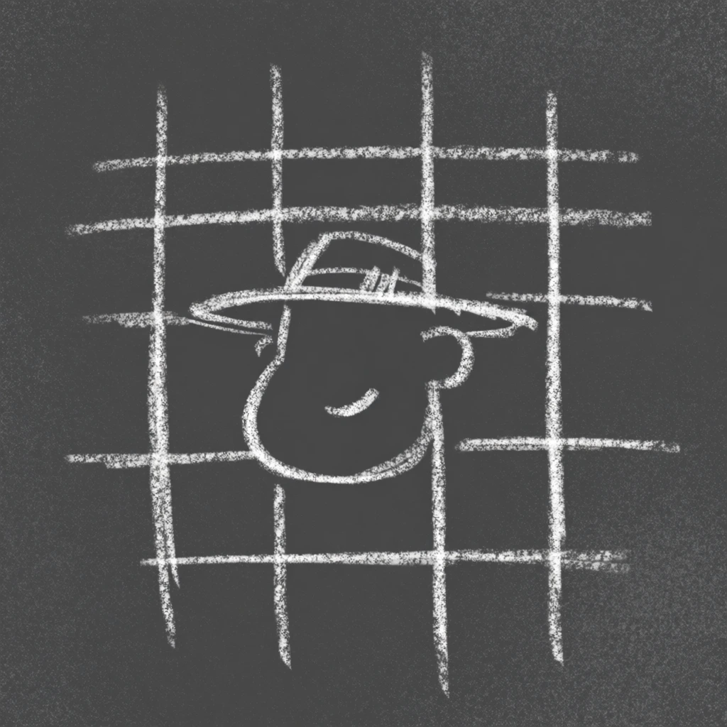 dark gray chalkboard background with subtle white chalk dust and smudge textures, a centered hand-drawn white chalk grid, a single minimalist character face sketch within the grid, character wearing a wide-brimmed hat with a thin band, face featuring a prominent chin and a gentle small smile, sketchy and irregular white chalk lines, tactile and handcrafted aesthetic, nostalgic visual style, high-resolution textures, monochromatic palette.