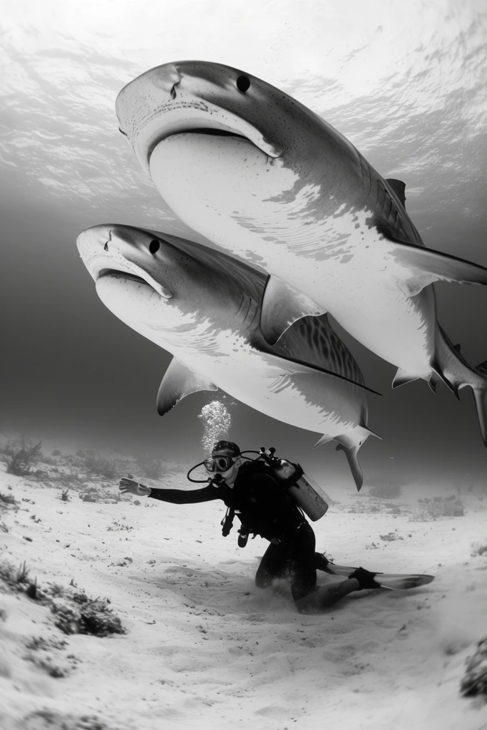 Two massive tiger sharks swimming upward, scuba diver kneeling on sandy seabed reaching out, black and white underwater photography, wide angle, high contrast