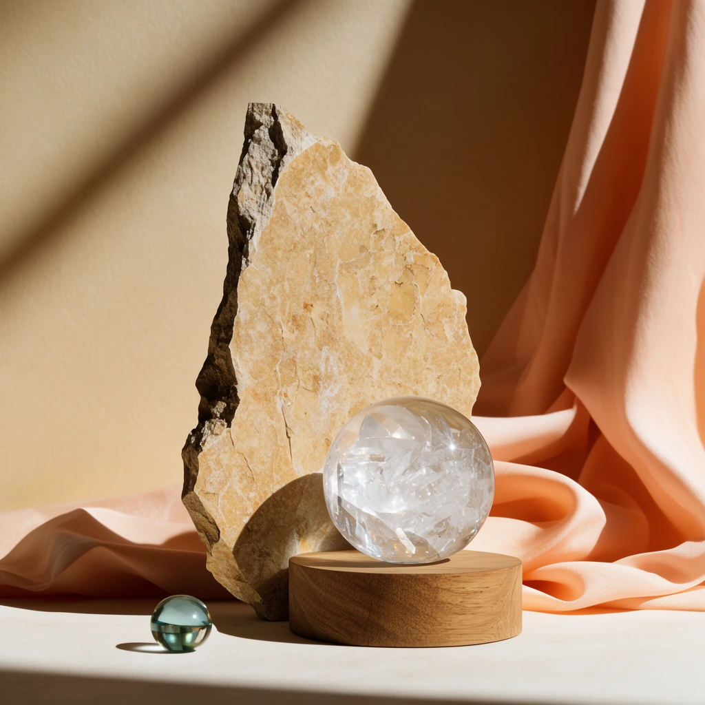 jagged tan stone slab, clear crystal sphere on wooden pedestal, small glass marble, draped peach fabric, stark diagonal shadows, warm beige wall, minimalist still life