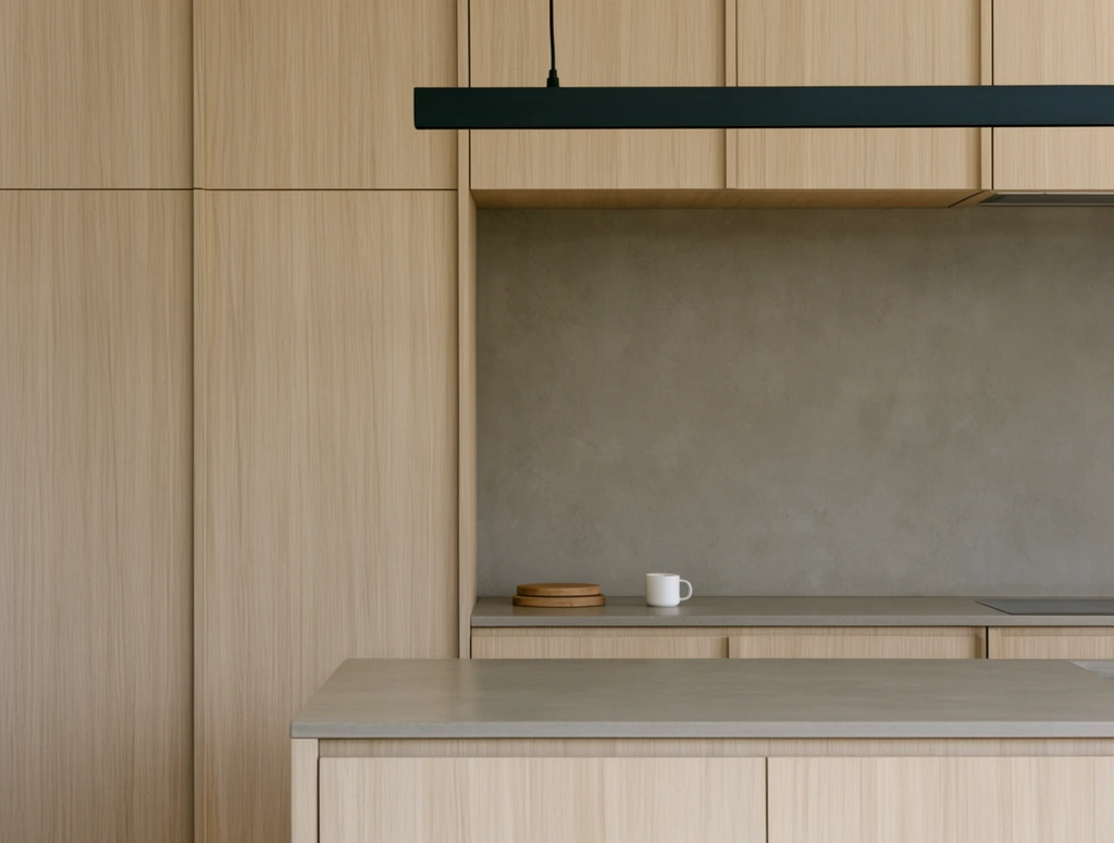 minimalist modern kitchen interior, seamless light oak flat-panel cabinetry with subtle vertical wood grain, recessed niche featuring a matte warm grey concrete backsplash and countertop, foreground kitchen island with matching grey surface, matte black rectangular linear pendant light hanging from above, small white ceramic mug and stacked round wooden coasters on the back counter, soft diffused natural lighting, straight-on architectural framing, clean geometric lines, muted earthy color palette