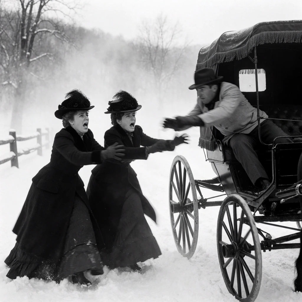 vintage black and white film still, snowy landscape, two women in heavy dark coats and ornate feathered hats reacting in distress, mouths open shouting, reaching forward with slight motion blur, dark horse-drawn buggy with a fringed canopy on the right, man in a light jacket and dark fedora seated inside leaning sharply forward, thick winter mist, barren trees, wooden rail fence, high contrast lighting, cinematic mid-shot
