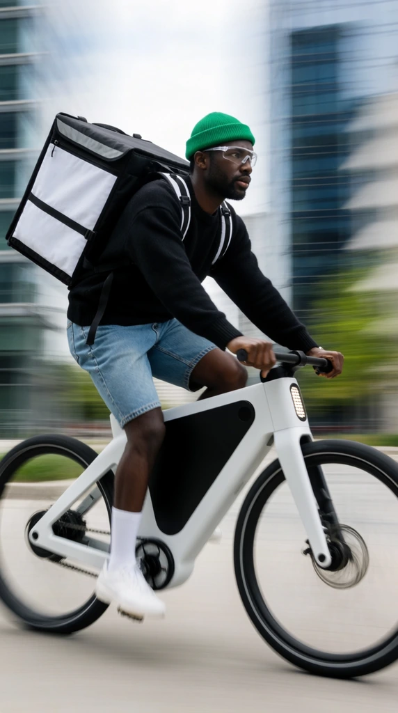 Black male cyclist on a futuristic white electric bike, panning photography with intense motion blur, massive black and white delivery backpack, green beanie, safety glasses, black sweater, denim shorts, bike features a solid black triangular center frame, speeding past blurred urban glass buildings, daylight, rapid forward motion