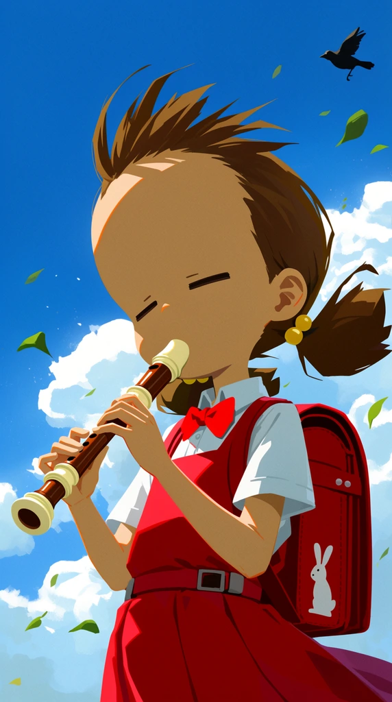 A stylized low-angle anime illustration of a young girl with an exaggeratedly large forehead playing a brown and cream recorder. Her minimalist face features simple horizontal lines for closed eyes. Her brown hair blows upward, styled in low pigtails with yellow beads. She wears a white short-sleeved shirt, a bright red pinafore, a red bow tie, and a red backpack with a white rabbit silhouette. The background is a brilliant blue sky with fluffy white clouds. Scattered green leaves blow in the wind alongside a small black bird flying in the upper right. The artwork features sharp cel-shading, flat colors, and high-contrast sunlight illuminating the subject from the left.