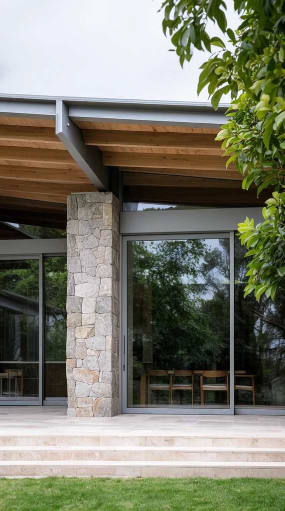 Modern building exterior featuring a rough-hewn stone pillar supporting a timber overhanging roof with gray metal beams. Large glass sliding doors reflect lush trees and an interior dining area. The structure rests on a pale stone patio with shallow steps leading to a green lawn. Overhanging foliage frames the right side against a soft overcast sky, highlighting clean architectural lines and natural materials.