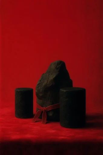 Crimson Monolith Minimalism style reference image — tactile velvet and stone