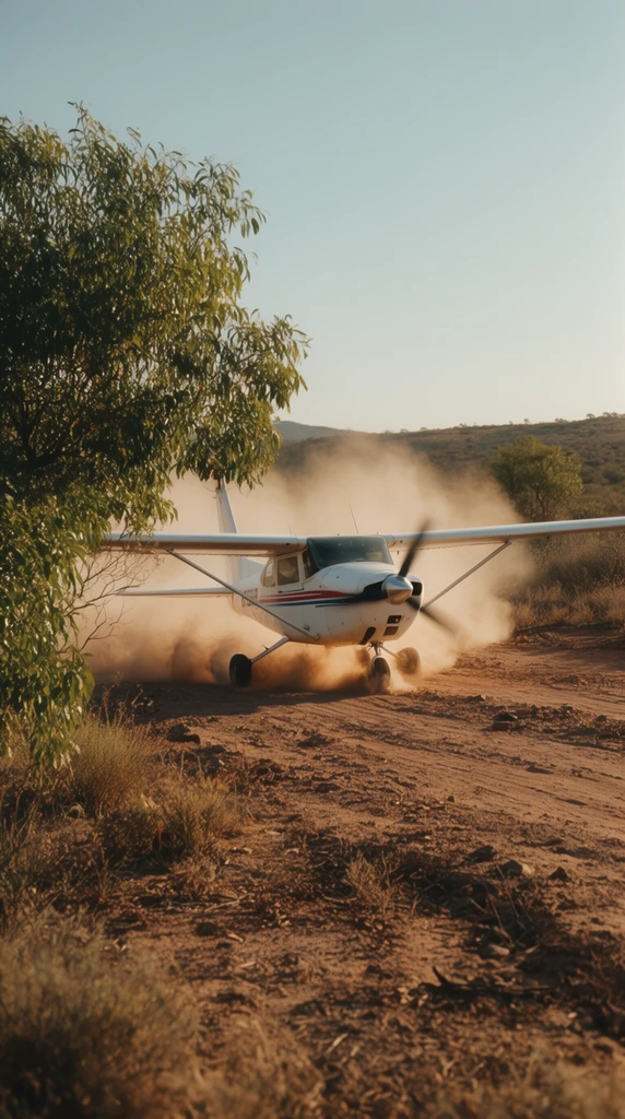 A white single-engine light aircraft kicks up a massive cloud of dust as it speeds along a rugged dirt airstrip in an arid scrubland. The high-wing plane, detailed with red and blue stripes, angles slightly toward the viewer with a rapidly spinning propeller. Dense brown dust billows violently from the landing gear, engulfing the rear fuselage. A large leafy green bush dominates the left foreground beside the sun-baked earth of the crude runway. Sparse vegetation and low rolling hills fill the background beneath a clear pale blue sky. The warm golden light of late afternoon highlights the textured dust cloud in this cinematic, wide-angle 35mm film composition.