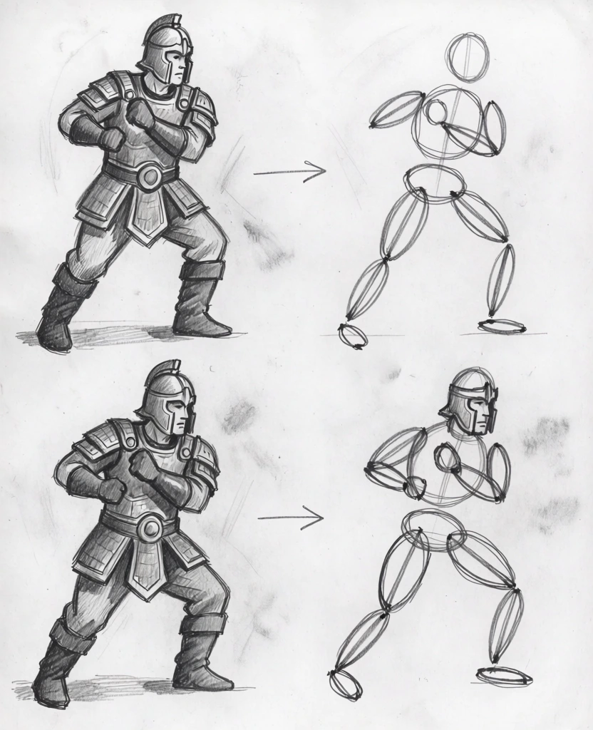 series of four hand-drawn pencil sketches of a male warrior in combat poses wearing armor, monochromatic grayscale palette on off-white paper, instructional study layout, left column featuring shaded figures with heavy graphite outlines, right column displaying simplified geometric skeletons, thin hand-drawn arrows pointing left to right, raw sketch aesthetic, smudged lead, visible pencil strokes, technical tutorial style
