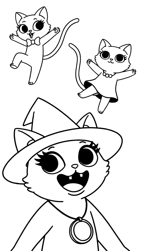 A collection of character design sketches features three stylized, cat-like creatures in various dynamic poses across a white background. At the top left, one creature is shown in a mid-air leap with its body angled downward and its long tail curling behind it; it has large, almond-shaped eyes with long eyelashes, a small bow tied around its neck, and a tiny flower clutched in its right paw. To the right, a second creature floats vertically, wearing a small dress and a beaded necklace, its large eyes glancing to the side with an inquisitive expression. Both upper figures are surrounded by light, wispy, smoke-like pencil strokes that suggest movement or magical energy. Occupying the bottom half of the frame, a third, larger sketch depicts the creature in a more fantastical role, wearing a large, pointed wizard's hat and a circular pendant with a vertical line through it around its neck. This creature has its mouth wide open in a joyous expression, holding a gnarled wooden staff in its left hand while flames or energy swirl around its right hand and the edges of its hat. The artistic style consists of rough, expressive pencil line work on a plain white surface, characterized by overlapping strokes, varying line weights, and visible construction lines that give the drawings a sense of motion and development. The composition is a character sheet layout with three distinct figure studies floating in a void, using a top-down perspective that focuses on the fluid forms and expressive features of the subjects.