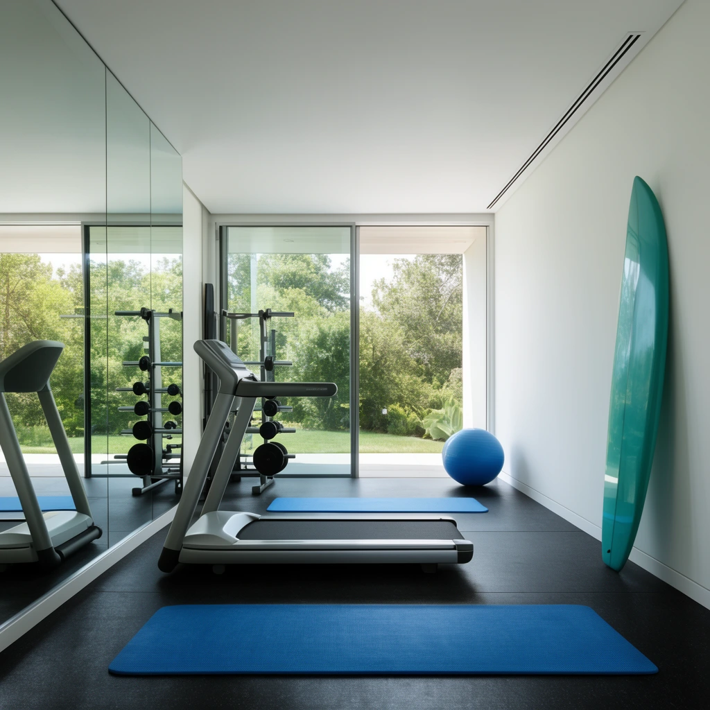 Modern minimalist home gym, sleek grey treadmill on dark rubber flooring, expansive wall mirror reflecting a weight rack, blue exercise ball and glass doors opening to lush greenery, tall teal surfboard leaning against a pristine white wall, blue yoga mats, bright natural daylight, crisp contemporary interior architecture