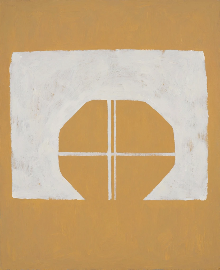 An abstract painting features a central, textured white block with a geometric cutout on a solid mustard-yellow background. A large, horizontally oriented white rectangular shape occupies the upper-middle portion of the canvas, its edges slightly uneven. The white paint is applied with visible, expressive brushstrokes that create a rough texture and reveal faint hints of the underlying yellow color. In the center of this white block is a large, irregularly shaped geometric void that exposes the yellow background. This void is roughly octagonal and is bisected vertically by two parallel white lines and horizontally by a thinner white line, creating a grid-like or window-pane effect. The surrounding yellow background is a flat, matte mustard-ochre color with subtle vertical brush textures visible across the surface. The composition is minimalist and centered, emphasizing the relationship between the two colors and the interplay of positive and negative space. The style is abstract with a focus on geometric form and tactile surface texture. The lighting appears flat and even across the entire canvas. The color palette is strictly limited to two primary tones: a warm, earthy mustard yellow and a cool, bright white. The perspective is a direct, front-on view of the flat canvas.