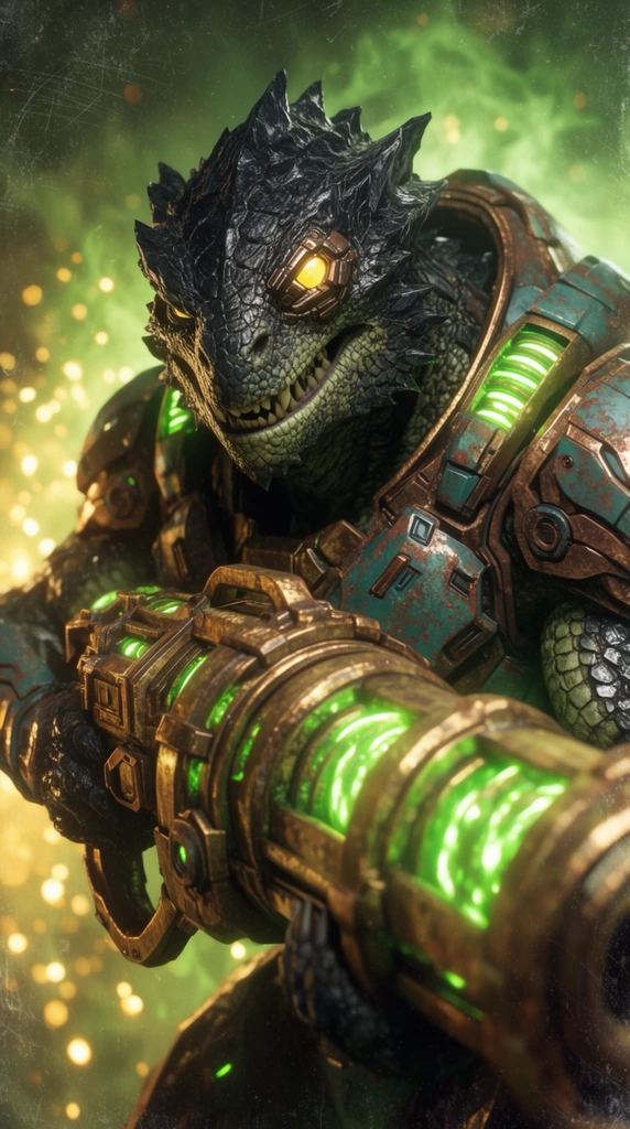 A cybernetically enhanced reptilian humanoid with jagged obsidian scales and a glowing yellow bionic eye aims a massive plasma cannon. The alien warrior wears heavy, rusted bronze and teal mechanical armor featuring pulsing neon-green vents on the shoulders and chest. The oversized weapon is constructed from heavily weathered brass with exposed, brightly glowing green energy coils. The warrior grips the cannon firmly with a fierce, toothy grimace. The cinematic medium close-up is framed against a chaotic background of swirling toxic green gas and bright yellow sparks. Dramatic backlighting emphasizes the heavily textured metallic surfaces and rough, scaly skin. A gritty, scratched-lens effect with prominent bokeh overlays the scene, enhancing the intense, atmospheric 3D rendered sci-fi aesthetic.
