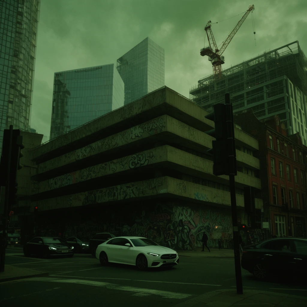 cinematic street intersection bathed in a moody green atmospheric tint, brutalist concrete structure covered in street art, modern glass skyscrapers, construction crane against an overcast sky, sleek white sedan and dark vehicles navigating the crossing, traditional red brick building, dark traffic poles, deep shadows, low-angle urban photography