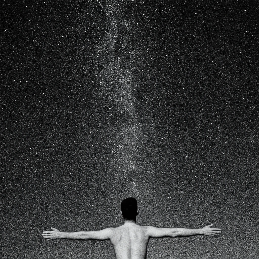 shirtless man seen from behind with arms outstretched at the bottom center, vast dense starry night sky filling the frame, vertical milky way starfield, black and white astrophotography, high contrast monochrome, heavy film grain, immense scale, minimalist composition