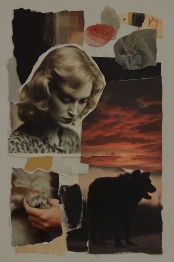 Fragmented Analog Surrealism style reference image — torn paper texture