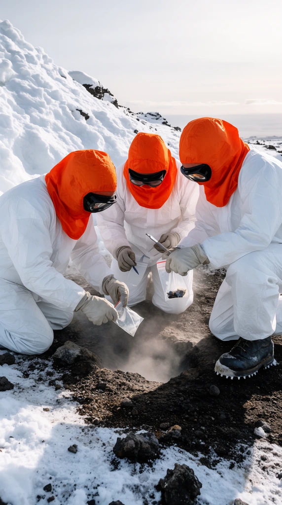 three figures in white protective suits and vibrant orange hoods kneeling on snowy volcanic terrain, extracting samples from a steaming geothermal vent, wearing black goggles, heavy gloves, dark boots with ice cleats, handling clear sample bags and small tools, dark rocky soil contrasting with patchy white snow, vapor rising from a ground fissure, large snowdrift on the left, distant pale horizon under a hazy sky, bright daylight, sharp focus, documentary photography style