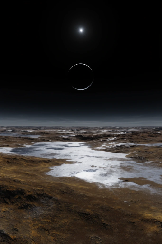 A barren landscape stretches to a distant horizon under a pitch-black sky. The undulating terrain features dark ochre soil interspersed with flat, reflective pools of bright white frost. High above, a thin silver crescent hovers perfectly centered beneath a single intensely glowing star. A faint atmospheric haze clings to the horizon line. The wide-angle composition features high contrast and a minimalist color palette, rendered in a realistic 3D space art style emphasizing the stark, otherworldly environment.