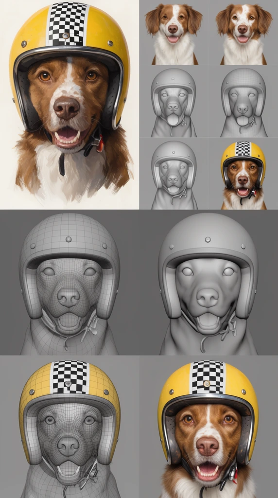 Multi-panel 3D modeling process collage, brown and white dog wearing a yellow motorcycle helmet, checkerboard stripe, top left large concept portrait, top right grid showing progression from bare dog to untextured grey 3D mesh to final photorealistic render, bottom half displaying 3D wireframe head models, solid grey meshes, partially textured 3D helmet, neutral grey backgrounds, technical design pipeline