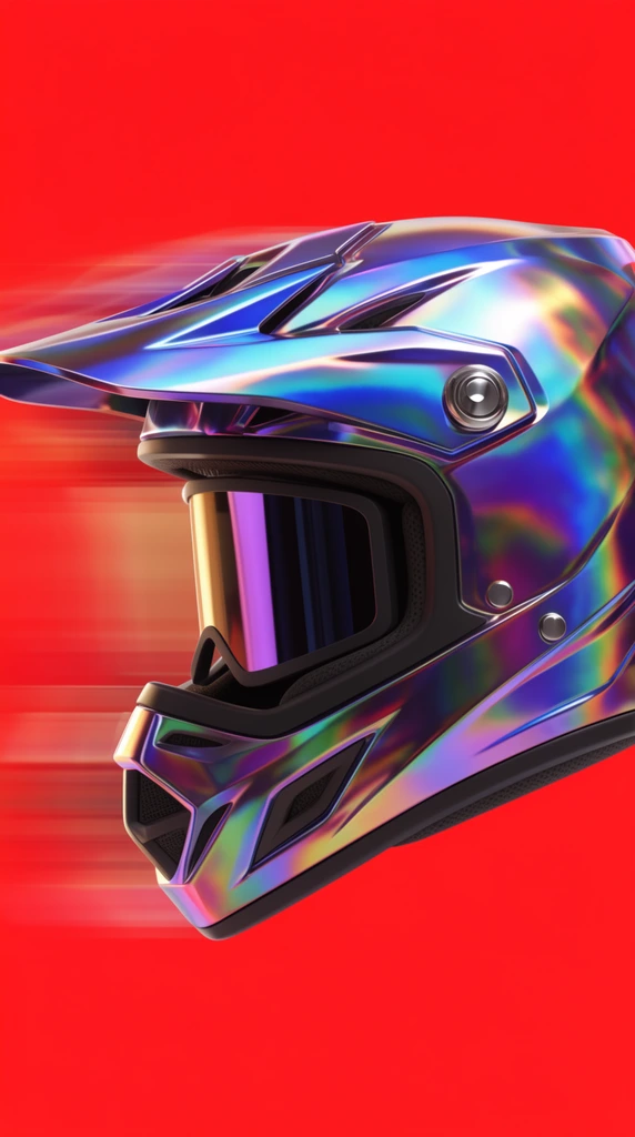 Iridescent metallic motocross helmet in profile, holographic blue and purple reflections, solid bright red background, horizontal motion blur, 3D render