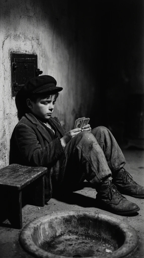 A young boy rests on a concrete floor, leaning against a rough, illuminated wall in a stark, dimly lit room. Wearing a dark flat cap, a worn corduroy jacket, loose trousers, and heavy laced boots, he holds a small stack of worn cards in his lap. Beside him sits a small wooden stool, and a dark rectangular metal hatch is embedded in the wall behind his head. A worn, sunken floor basin occupies the foreground, while deep, high-contrast shadows swallow the background space. The scene is captured in gritty black and white cinematic photography with dramatic chiaroscuro lighting.