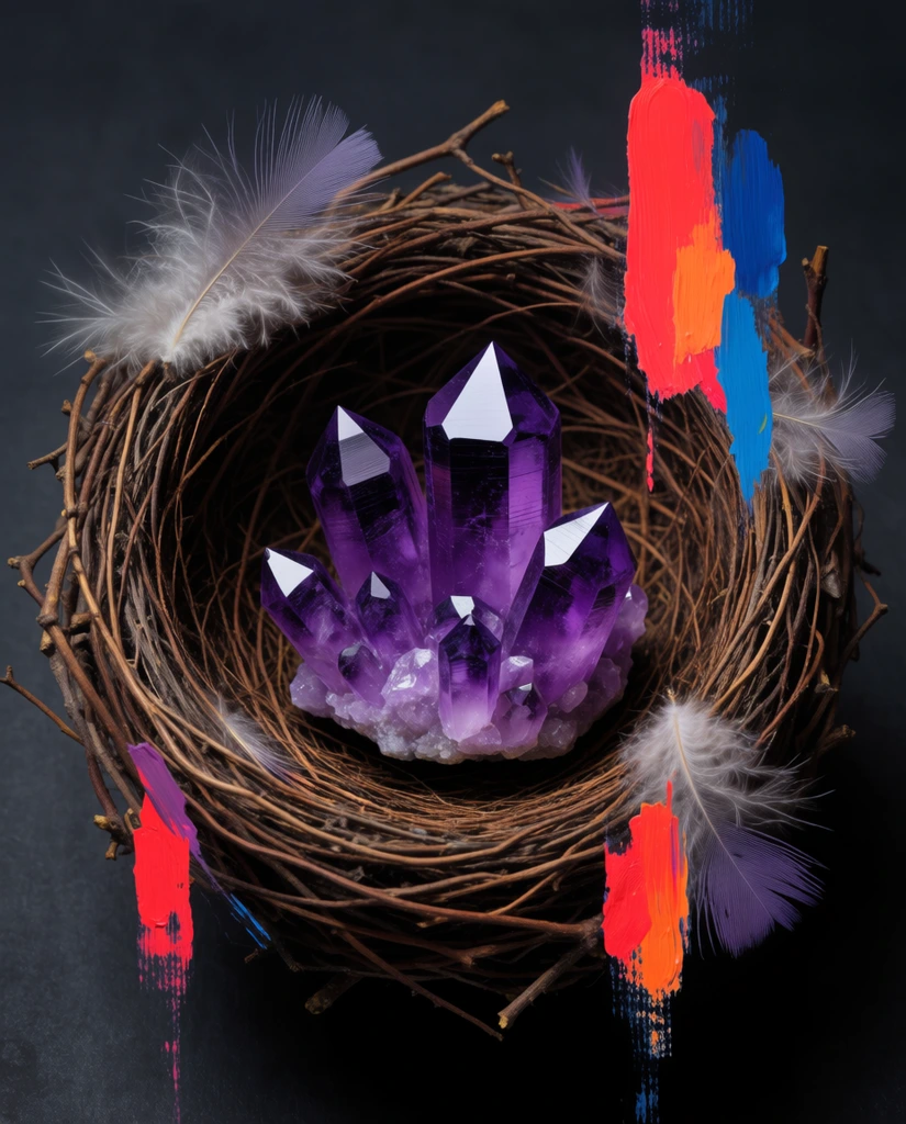 cluster of faceted deep purple crystals resting inside a woven twig bird's nest, dark charcoal background, organic intertwined brown branches, delicate white downy feathers, sharp geometric violet forms, abstract vertical paint streaks in neon red orange and blue, visible acrylic brushstrokes, surreal still life, contrasting textures