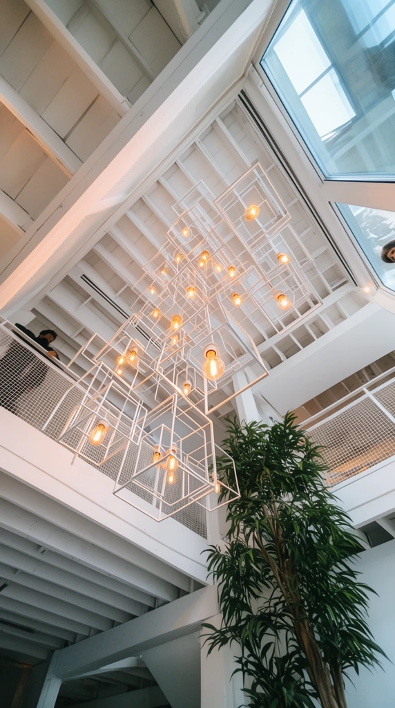 low-angle shot of a modern geometric chandelier formed by intersecting white wireframe cubes with warm exposed bulbs, soaring multi-level stark white interior, exposed ceiling joists, wire mesh balcony railing, figure looking down from an upper glass window, tall green indoor plant, wide-angle lens, dynamic converging diagonal lines, bright daylight mixed with amber artificial glow