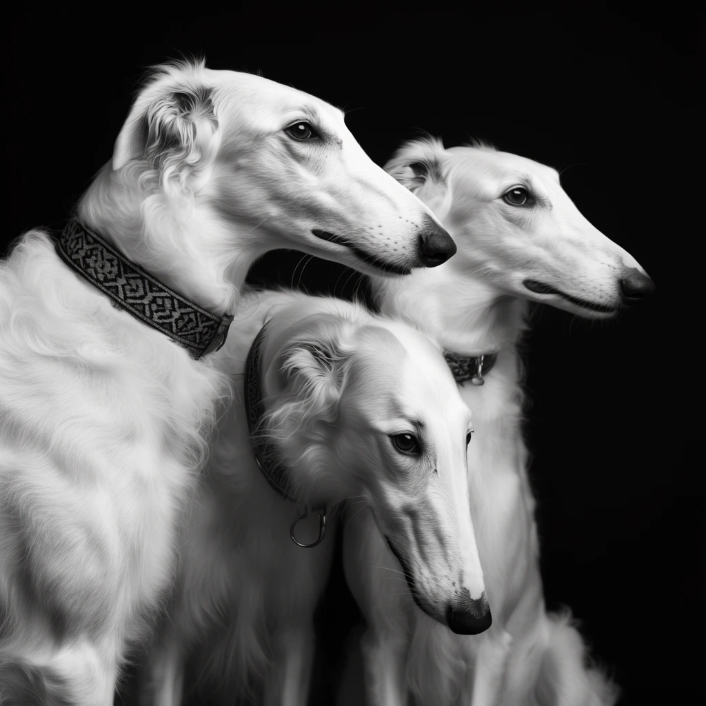 Three white Borzoi dogs cluster against a pure black background in a monochrome studio portrait. Two dogs gaze rightward in profile while the center dog points its long snout downward. High-contrast lighting highlights their silky fur and patterned collars.