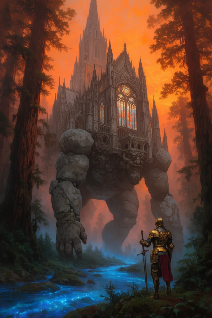 colossal walking Gothic cathedral supported by massive stone golem legs, towering over a misty redwood forest, bright orange sunset sky, bioluminescent blue river winding through dark trees in the foreground, knight in ornate golden armor standing on the riverbank looking up at the structure, classical fantasy oil painting style, atmospheric perspective, sweeping epic scale, detailed stonework, glowing stained glass windows