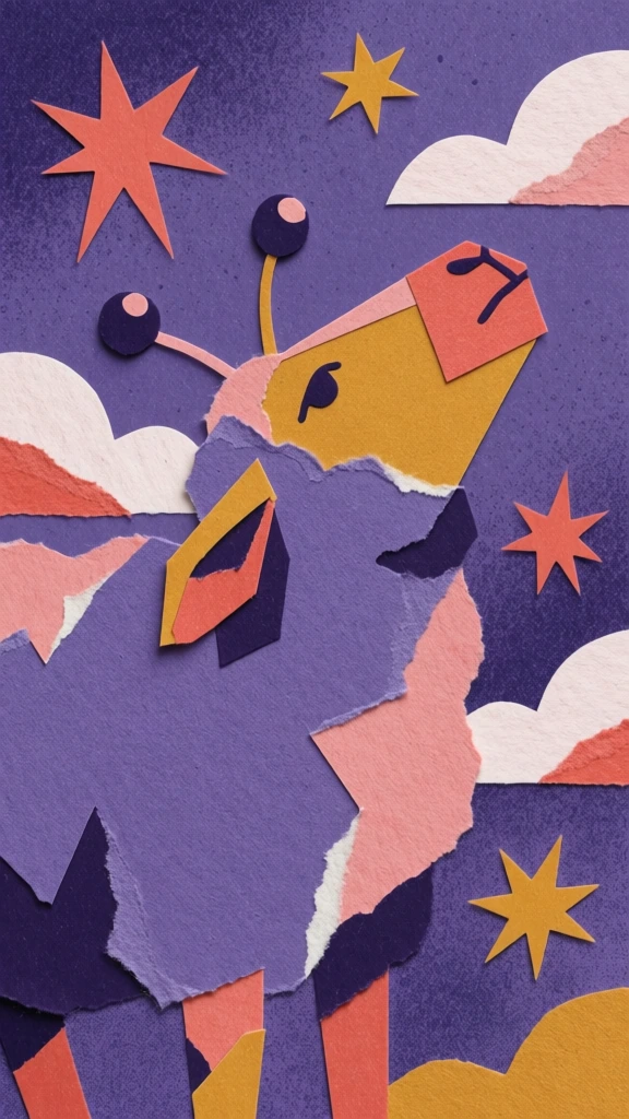 whimsical paper collage illustration of a stylized sheep with its head tilted upward, constructed from jagged cutouts of textured paper, palette of deep lavender, coral pink, and ochre yellow, grainy stippled purple background, sharp geometric stars, puffy paper clouds, hand-crafted aesthetic, visible paper edges, layered composition, flat graphic style, muted red accents, tactile paper grain, high-contrast shapes, minimal yet expressive character design.