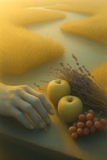 Luminous Velvet Landscapes style reference image — tactile fur-like grass