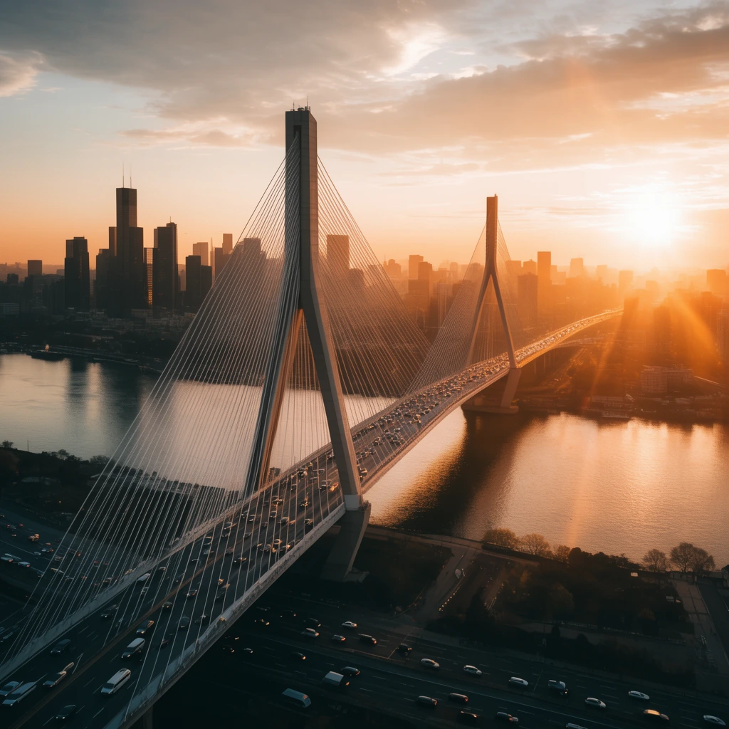 aerial city skyline at sunrise, prominent cable-stayed bridge with tall inverted Y-shaped towers and white fanning cables, busy multi-lane highway, dark skyscraper silhouettes, calm river reflecting dawn light, cinematic golden hour lighting, warm orange tones, bright sun glare with lens flares, wide panoramic perspective