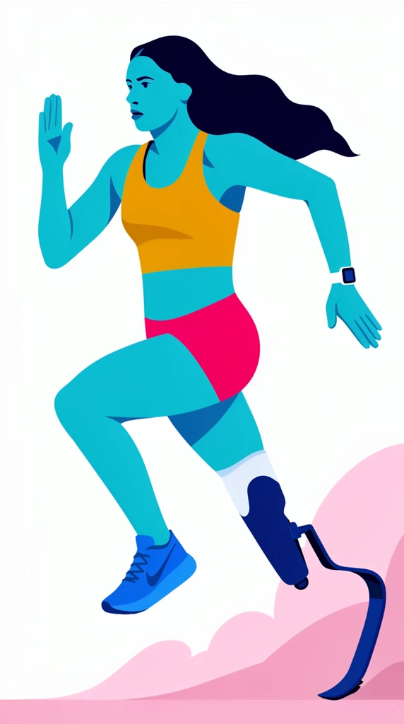 stylized vector illustration of a female athlete sprinting, dynamic mid-stride posture, bold and unnatural color palette, solid cyan skin, dark flowing hair, mustard yellow tank top, bright pink shorts, dark blue running blade prosthesis on the right leg, blue running shoe on the left foot, white smartwatch, stylized abstract pink dust cloud underfoot, solid white background, flat graphic design, smooth vector curves, bold color blocking, minimal shading, modern editorial illustration style