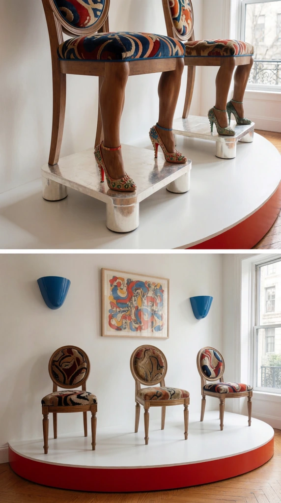 diptych of surrealist furniture, wooden chair legs carved as human legs in ornate high heels, silver platforms, patterned velvet cushions, curved white display stage, red base trim, round-backed chairs, hardwood floor, blue wall sconces, abstract art, soft daylight, whimsical luxury decor