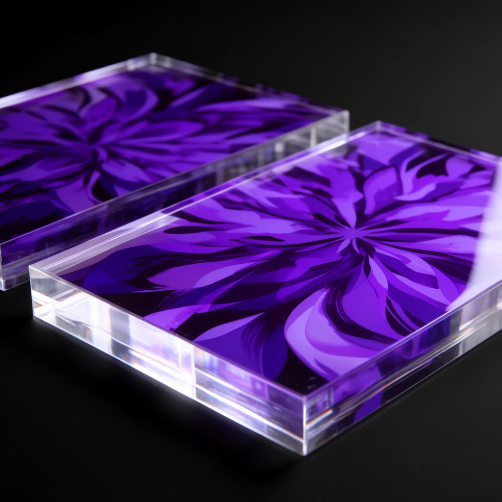 clear acrylic rectangular panels, vibrant purple abstract floral pattern, glossy reflective surface, illuminated transparent edges, matte black background, shallow depth of field
