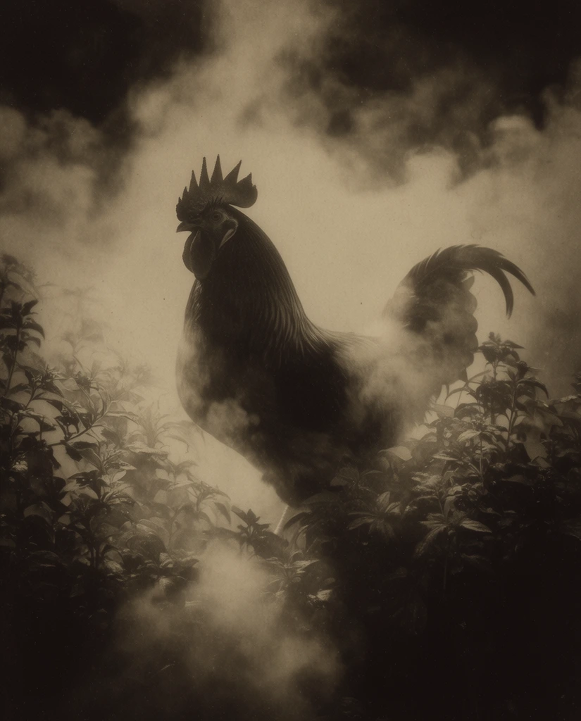 A majestic rooster positioned centrally among dense, leafy plant foliage, rendered in a heavily atmospheric, vintage sepia-toned photographic style. Thick, billowing clouds of fog and mist roll through the scene, dynamically interacting with the environment and softening the outlines of both the rooster and the surrounding botanicals into dark, textured silhouettes. The lighting is highly diffused and moody, filtering through the dense vapor to create glowing, ethereal midtones and deep, velvety brown-black shadows in a striking chiaroscuro effect. The entire composition features a warm, monochromatic brownish-grey color palette, prominent film grain, and a soft-focus lens characteristic of early 20th-century pictorialism, resulting in a dreamy, antique, and deeply textured visual aesthetic.