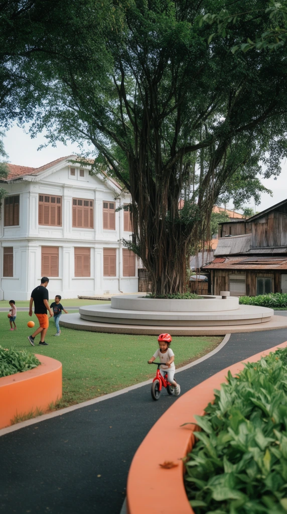 A vibrant urban park centers on a modern tiered circular plaza shaded by a massive banyan tree with dense aerial roots. A dark paved path curving past lush greenery and low orange walls frames the foreground, where a child rides a small red balance bike. On an adjacent grassy lawn, a man in a black shirt and orange shorts walks near two children playing with a ball. The backdrop contrasts a stately white colonial-style house featuring brown louvered windows against weathered wooden structures with corrugated roofs, all bathed in soft, natural daylight with a deep depth of field.