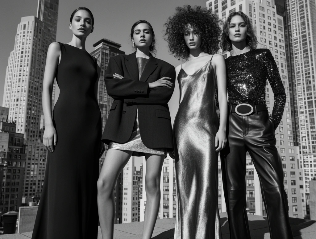 Four fashion models pose on a sunlit rooftop against a dense skyscraper skyline in high-contrast black-and-white editorial photography. Captured from a low angle, the leftmost woman wears a sleek dark sleeveless gown. The second woman crosses her arms in an oversized tailored blazer over a metallic mini dress. The third features voluminous curly hair and a floor-length shimmering slip dress. The fourth sports a sequined top, leather trousers, and a prominent oval belt buckle. Harsh direct sunlight casts sharp, sculptural shadows across the figures and the towering urban architecture.