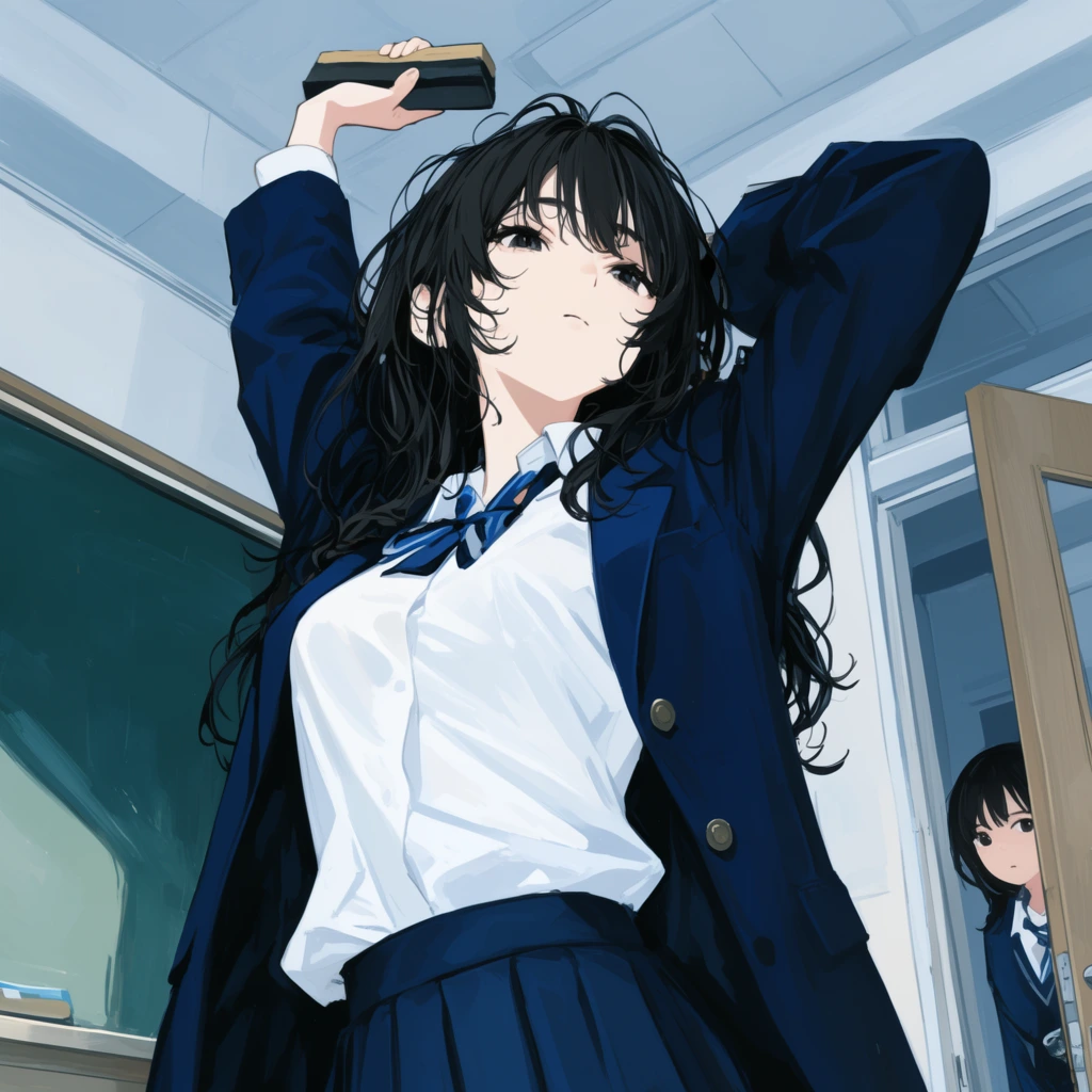anime illustration, young woman stretching holding chalkboard eraser, messy dark hair, open navy blazer, white shirt, student peeking through door, cool tones, low angle