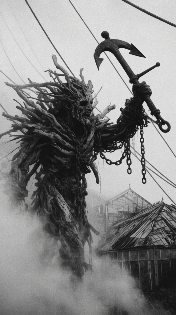 A colossal grotesque entity emerging from thick smoke, its body a chaotic mass of fused driftwood and heavy chains. The figure raises an anchor-like iron object toward a pale sky diagonally intersected by suspended ropes. In the lower right background, the angular silhouettes of crumbling Victorian greenhouse roofs emerge through the dense haze. The scene is captured in high-contrast, grainy black-and-white film, featuring gritty textures, a low-angle perspective, and a lo-fi surrealist aesthetic.