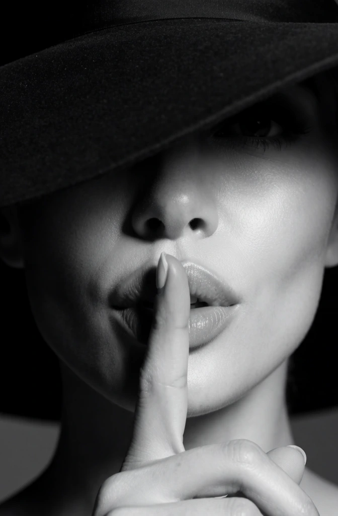 A moody black-and-white close-up portrait shows a woman in a wide-brimmed hat holding one finger vertically to her lips in a “shh” gesture, with only the lower half of her face illuminated and the rest swallowed by shadow. fine art fashion photography, studio portrait, monochrome, high-end editorial, minimalist glamour, cinematic noir, sensual, mysterious, refined, intimate, low-key lighting, shallow depth of field, soft-focus foreground, highly polished skin retouching, sculptural composition, moderate visual complexity, visually adjacent to Peter Lindbergh, Herb Ritts, Paolo Roversi, Helmut Newton softened into dreamier noir, grayscale palette, deep blacks, silvery midtones, luminous highlights on skin and lips, high contrast, controlled exposure, likely telephoto or short portrait lens, close crop, selective focus, no visible grain, no obvious noise, no motion blur, smooth studio finish. The woman’s face is centered vertically and slightly right of center overall, filling most of the frame from just below the shoulders upward. A dark hat brim enters from the upper left and stretches diagonally across the image toward the upper right-middle, covering both eyes completely and casting a strong shadow over the upper half of her face. The crown of the hat is visible at the very top center with fine vertical ribbing, while the brim’s lower edge curves across the middle of the image, textured with subtle woven or pebbled detail. Beneath that shadow, the tip of her nose appears near center, softly lit, with a tiny nostril highlight. Her lips sit at the compositional center, full and slightly parted, glossy, sharply rendered, with a small bright sliver between them. A single index finger rises straight up from the bottom center and touches the middle of the lips, nail smooth and oval, reinforcing silence. The rest of her hand appears blurred in the lower right quadrant, fingers bent gracefully and overlapping in a soft arc. Her skin is porcelain-smooth and luminous, especially on the right cheek and chin, while the left side of the frame falls into velvety black shadow. The background is indistinct and studio-dark, with no environmental details, making the image feel secretive, elegant, and hushed.
