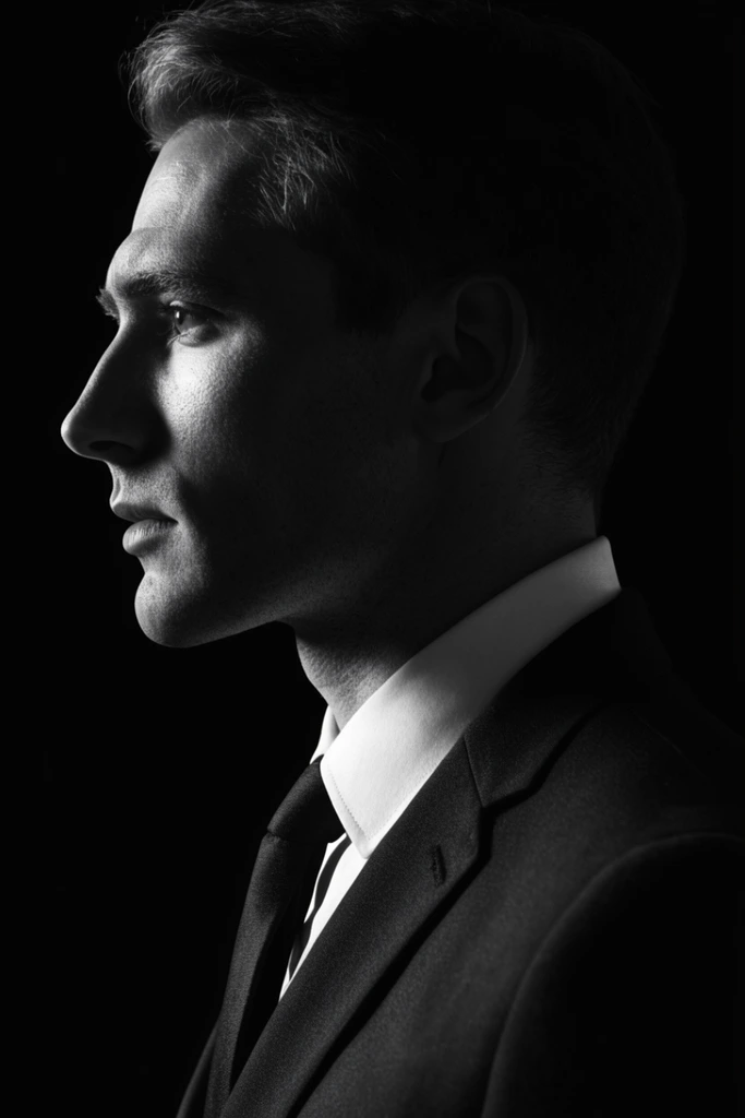 A dramatic black-and-white profile portrait of a man facing left against a pure black background. He wears a dark suit jacket, white collared shirt, and dark tie. High-contrast chiaroscuro lighting sharply highlights his facial features and collar, leaving the back of his head and torso in deep shadow.