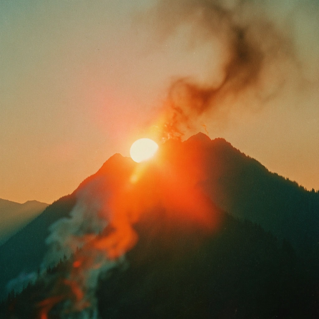 mountain range with a sun behind the peak, surrealist lo-fi analog photography style, heavy film grain, vintage texture, vibrant saturated orange and deep forest green color palette, glowing ethereal atmosphere, soft focus, motion blur, sunburst light bleeding through mountain peaks, hazy mist and smoke trails dissolving into a muted sky, high contrast, dreamlike aesthetic, light leaks, soft light diffusion, nostalgic otherworldly mood, grainy film stock