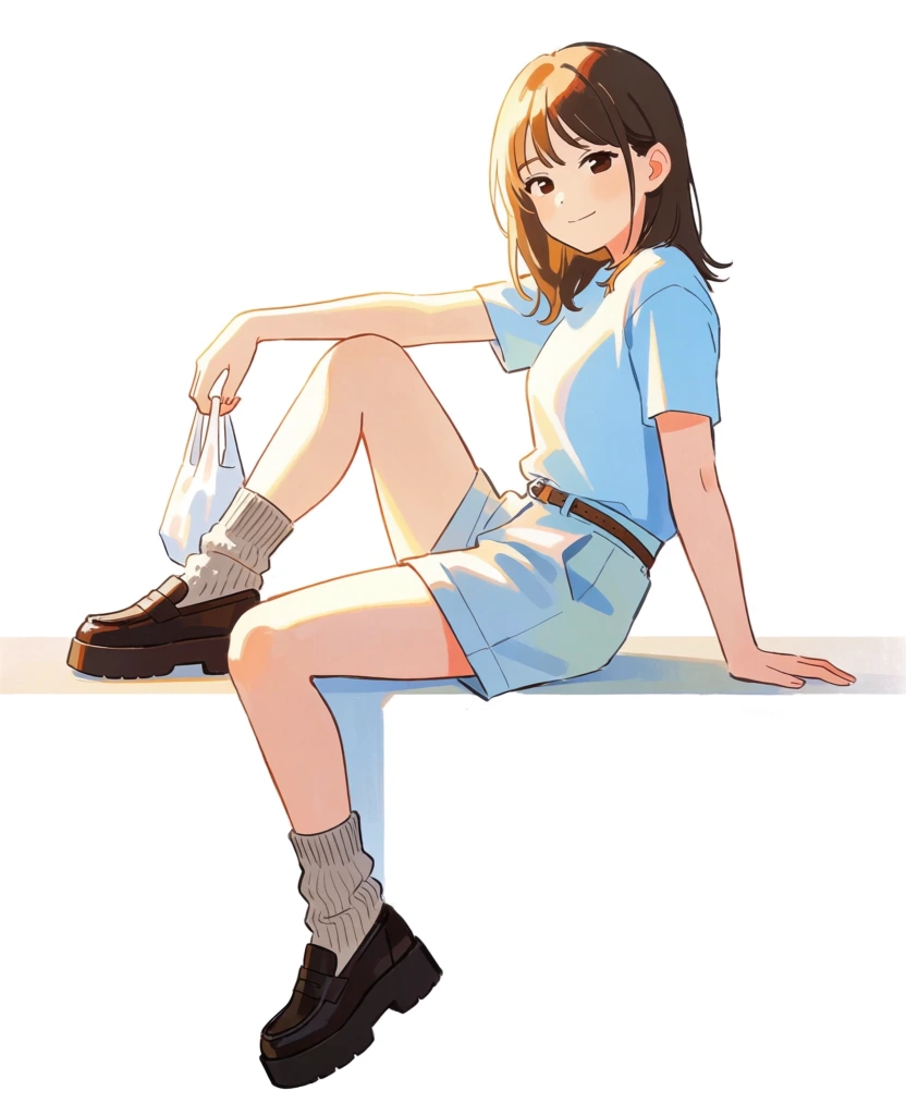A digital anime-style illustration depicts a young woman with shoulder-length brown hair sitting on a minimalist ledge against a solid white background. She is positioned in a relaxed, side-profile pose, looking toward the viewer with a slight, calm smile. Her right leg is bent with the knee pointing upward, foot resting on the flat surface, while her left leg hangs down over the edge. She wears a light blue short-sleeved t-shirt and matching light blue shorts held by a thin brown belt. Her right arm rests on her raised knee, her hand dangling a small white plastic bag, while her left arm is extended behind her, palm flat on the ledge for support. She is dressed in thick, ribbed grey socks and chunky, dark brown platform loafers. The lighting originates from the upper left, casting bright, warm highlights on her hair, shoulders, and legs, while the rest of her form is shaded with soft, cool-toned shadows. The overall composition is clean and centered, utilizing a bright color palette of pastel blues and warm tans, with the character being the sole focus of the minimalist, void-like environment.