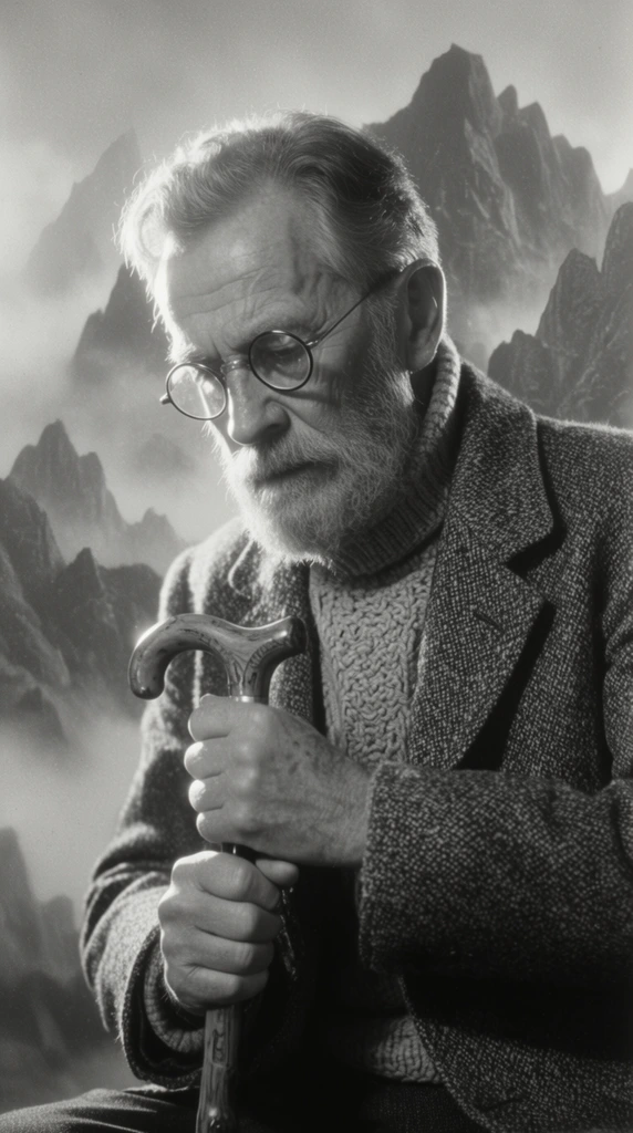 A black and white cinematic portrait of an elderly man with a weathered beard gazing downward intently while grasping a carved wooden walking stick. He wears round wire-rimmed spectacles, a heavy textured tweed overcoat, and a thick cable-knit turtleneck. His hands tightly grip the curved handle of the cane. The background features a dramatic, artificial-looking studio backdrop of jagged mountain peaks in dense fog. The visual style mimics classic 1940s film photography with prominent silver grain, soft focus, and luminous high-contrast lighting, utilizing a strong directional key light on his face and a sharp rim light outlining his silhouette.