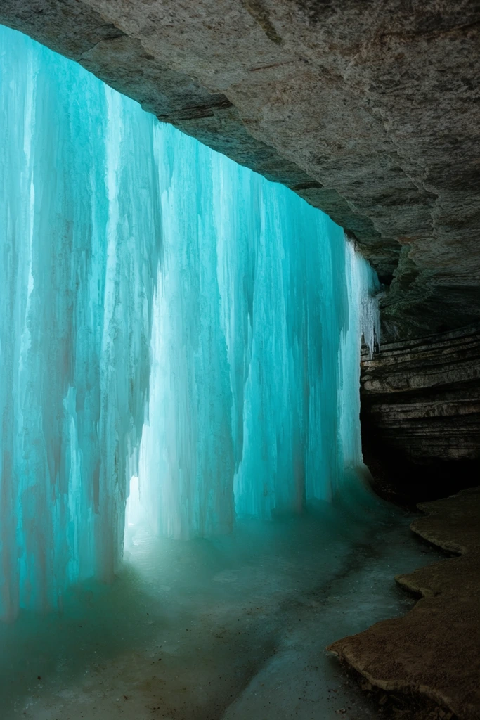 A massive curtain of translucent cyan ice forms a frozen waterfall viewed from within a dark rock overhang. Thick vertical columns of aquamarine ice drop from a rough gray-brown stone ceiling, glowing brilliantly from natural backlight. The frozen cascade meets a floor of smooth ice and stepped earth. A shadowy cave wall on the right displays horizontal geological layers. The wide-angle perspective emphasizes the stark contrast between the luminous, textured ice wall and the dark, enclosing rocky cavern.