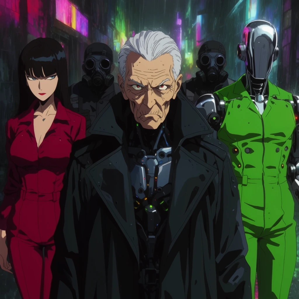 A group of anime-style villains stands in a rainy neon-lit alley. Centered is an elder with silver hair in a cybernetic trench coat glaring forward. To the left, a slender woman wears a crimson jumpsuit. On the right, a robotic figure with a featureless chrome head wears a bright green suit. Three henchmen in dark tactical gear and gas masks loom behind them. The composition features flat cel-shaded coloring, sharp linework, and dramatic lighting.